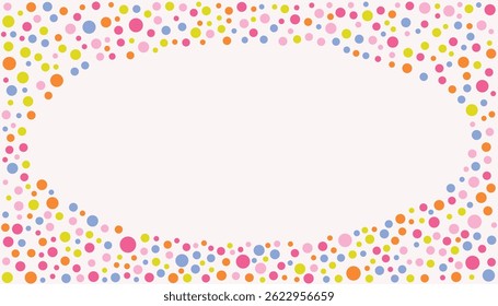 Colorful Confetti Dotted Oval Frame on white Background, featuring Scattered Round Dots in vibrant hues, perfect for festive invitations, celebration designs, and playful decorative borders.