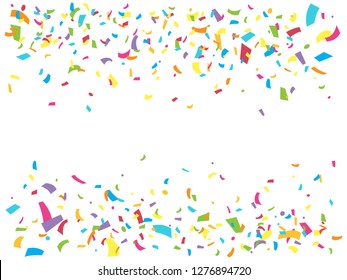 Colorful confetti elements on white background. Abstract vector festive frame for christmas and new year holiday, birthday and children's party, wedding invitation, carnival, card, web site banner.