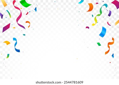 Colorful confetti explosion. Border of colorful bright confetti isolated on transparent background.