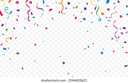 Colorful confetti explosion. Border of colorful bright confetti isolated on transparent background