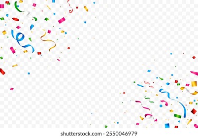 Colorful confetti explosion. Border of colorful bright confetti isolated on transparent background.