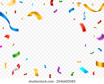 Colorful confetti explosion on transparent background. Party decoration frame for birthday, anniversary, celebration, holiday flyer.