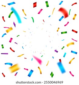 Colorful confetti explosion on transparent background. Party decoration frame for birthday, anniversary, celebration, holiday flyer.