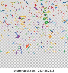 Colorful confetti explosion on transparent background. Party decoration frame for birthday, anniversary, celebration, holiday flyer.