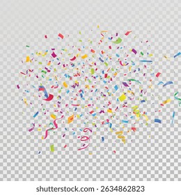 Colorful confetti explosion on transparent background. Party decoration frame for birthday, anniversary, celebration, holiday flyer.