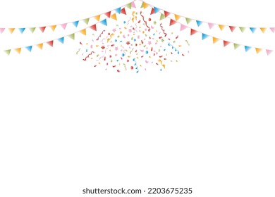 Colorful confetti explosion on a white background with multicolored flags, festive pattern.