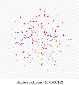 Colorful Confetti Explosion And Ribbon Falling On Transparent Background. Vector Illustration