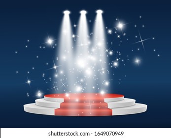 Colorful confetti fall on the podium in the spotlight. Colorful bright confetti. Vector illustration. Holiday.