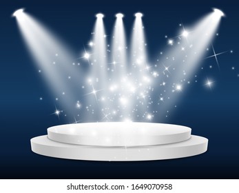 Colorful confetti fall on the podium in the spotlight. Colorful bright confetti. Vector illustration. Holiday.