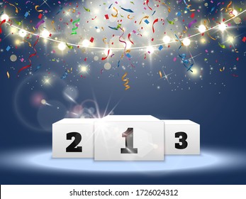 Colorful confetti fall on the podium. Realistic white podium with spotlights. First place. Vector illustration of a holiday.