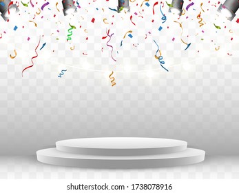 Colorful confetti fall on the podium. Realistic white podium with spotlights. First place. Vector illustration of a holiday.