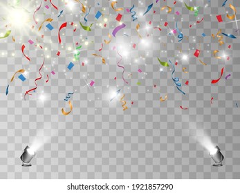 Colorful confetti fall on the podium. Realistic white podium with spotlights. First place. Vector illustration of a holiday.