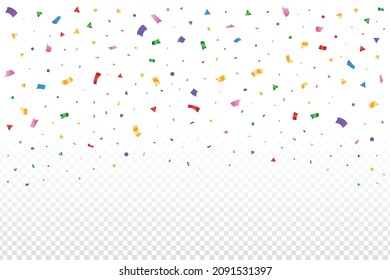 Colorful confetti falling isolated on transparent background. Colorful tinsel falling. Event and birthday party celebration. Festival elements vector. Simple multicolor confetti falling illustration.