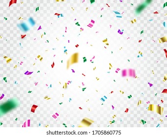 Colorful confetti falling on transparent background. Bright surprising party backdrop. Shiny festive paper glitter tinsel. Celebration holiday design elements for web, flyer. Vector illustration.