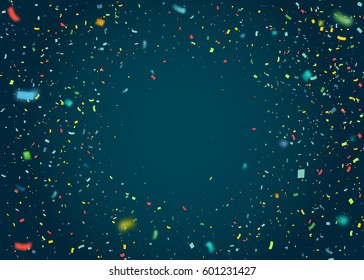 Colorful confetti falling randomly. Abstract blue background with explosion particles. Vector illustration can be used for greeting card, carnival, celebration.