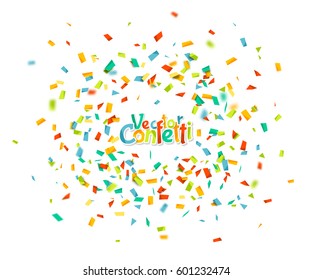 Colorful confetti falling randomly. Abstract background with explosion particles. Vector illustration can be used for greeting card, carnival, celebration.