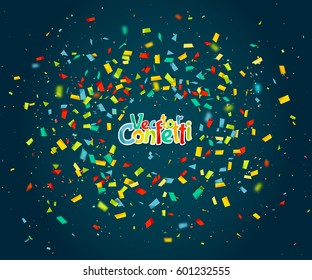 Colorful confetti falling randomly. Abstract blue background with explosion particles. Vector illustration can be used for greeting card, carnival, celebration.