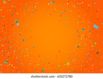 Colorful confetti falling randomly. Abstract orange background with explosion particles. Vector illustration can be used for greeting card, carnival, celebration.