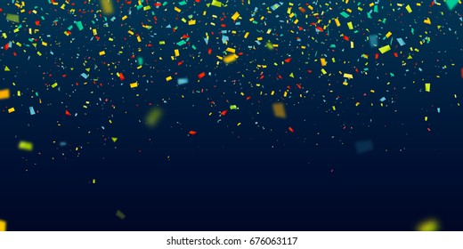 Colorful confetti falling randomly. Abstract dark background with explosion particles. Vector illustration can be used for greeting card, carnival, holiday, celebration.
