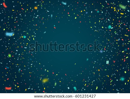 Colorful confetti falling randomly. Abstract blue background with explosion particles. Vector illustration can be used for greeting card, carnival, celebration.