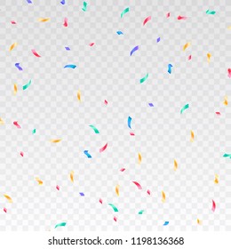 Colorful confetti. Festive of falling shiny confetti isolated on transparent background. Holidays design. Colorful bright confetti background.