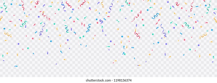 Colorful confetti. Festive of falling shiny confetti isolated on transparent background. Holidays design. Colorful bright confetti background.