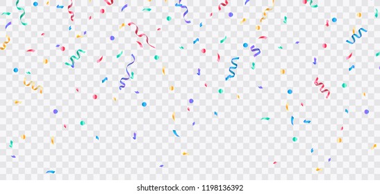 Colorful confetti. Festive of falling shiny confetti isolated on transparent background. Holidays design. Colorful bright confetti background.