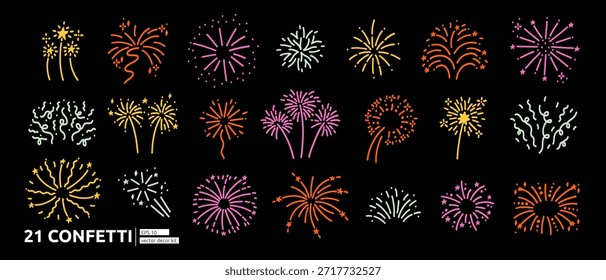 Colorido confeti, fuegos artificiales y petardo Doodles Kit. Doodle Firecracker Confetti en Sketchy Line Art by Hand para celebrar el Paquete en fondo negro. Ilustración vectorial