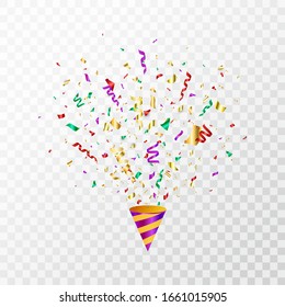 Colorful confetti flying on transparent background. Party cracker with color confetti, serpentine. Bright festive tinsel. Party popper. Holiday design elements. Vector illustration