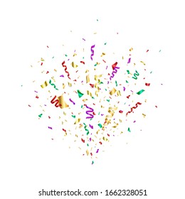 Colorful confetti flying on white background. Party color confetti, serpentine. Confetti explosion. Bright festive tinsel. Holiday design elements. Vector illustration