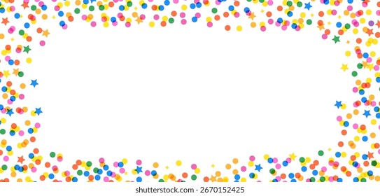Colorful confetti frame with vibrant dots and stars with white center space for text. Festive border design for celebrations or birthdays.