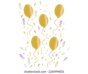 Colorful confetti and Golden balloons on White background