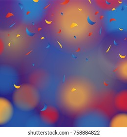 Colorful confetti isolated on colorful background. Multicolor flying confetti. Rain festive background for web site, greeting card, wallpaper, poster and placard