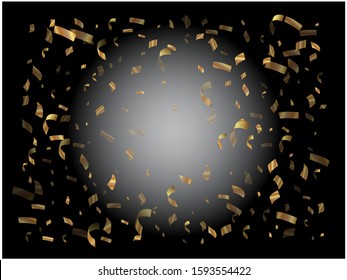 Colorful confetti isolated on black background. Vector illustration. Random particles. Golden elegant, trendy, modern elements for background image, banner, poster or greeting card.