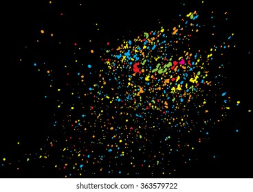 Colorful confetti isolated on black background. Abstract black background with many splattered falling round confetti pieces. Confetti random background Pattern made of calligraphy ink drops. Vector.