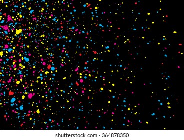 Colorful confetti isolated on black background. Abstract black background with many splattered falling round confetti pieces. Confetti random background Pattern made of calligraphy ink drops. Vector.