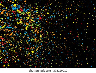 Colorful confetti isolated on black background. Abstract black background with many splattered falling round confetti pieces. Confetti random background Pattern made of calligraphy ink drops. Vector.