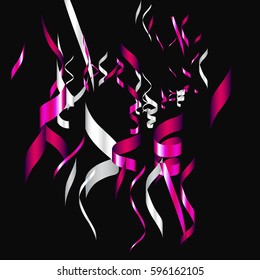 Colorful confetti isolated on black background.Falling streamers abstract decoration for party birthday celebrate anniversary or Christmas and Happy New Year.Festival decor. Vector illustration eps10.