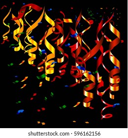 Colorful confetti isolated on black background.Falling streamers abstract decoration for party birthday celebrate anniversary or Christmas and Happy New Year.Festival decor. Vector illustration eps10.
