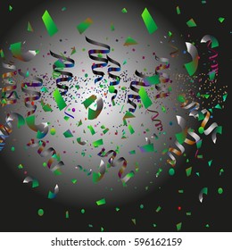 Colorful confetti isolated on black background.Falling streamers abstract decoration for party birthday celebrate anniversary or Christmas and Happy New Year.Festival decor. Vector illustration eps10.