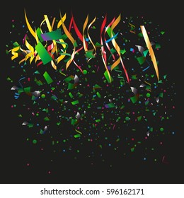 Colorful confetti isolated on black background.Falling streamers abstract decoration for party birthday celebrate anniversary or Christmas and Happy New Year.Festival decor. Vector illustration eps10.