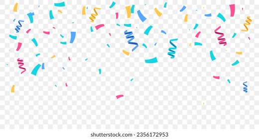 Colorful confetti isolated on a transparent background. Vector banner background with colorful serpentine ribbons, space for your text in the center. Anniversary, holiday, greeting illustration in sim