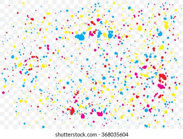 Colorful confetti isolated on transparent background. Abstract transparant background with many splattered falling round confetti pieces. Confetti random pattern made of calligraphy ink drops. Vector.