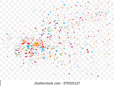 Colorful confetti isolated on transparent background. Abstract transparant background with many splattered falling round confetti pieces. Confetti random pattern made of calligraphy ink drops. Vector.