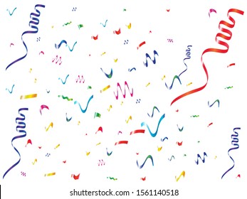 Colorful confetti isolated on white background. Vector illustration. Random particles. Red, green, yellow, blue, golden, pink, orange and violet elements for backdrop, poster or greeting card.