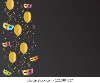 Colorful confetti and masks Golden balloons on Black background