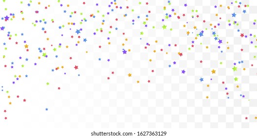 Colorful confetti with multicolored stars. Festive vector illustration. Firework Confetti Elements. Trendy stars explosion background. White, blue, red, green, yellow, purple colors.