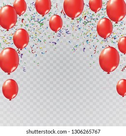 Colorful confetti on a beautiful background with balloons. Celebration and party. Colorful bright confetti isolated on transparent background. Festive vector illustration.