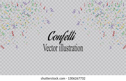 Colorful confetti on a beautiful background. Celebration and party. Colorful bright confetti isolated on transparent background. Festive vector illustration.