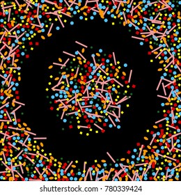 Colorful confetti on a black background. Beautiful Funny background. Colorful Confetti. A frame of confetti. A scattering of confetti. Placer from the circles. Dots. Vector illustration.